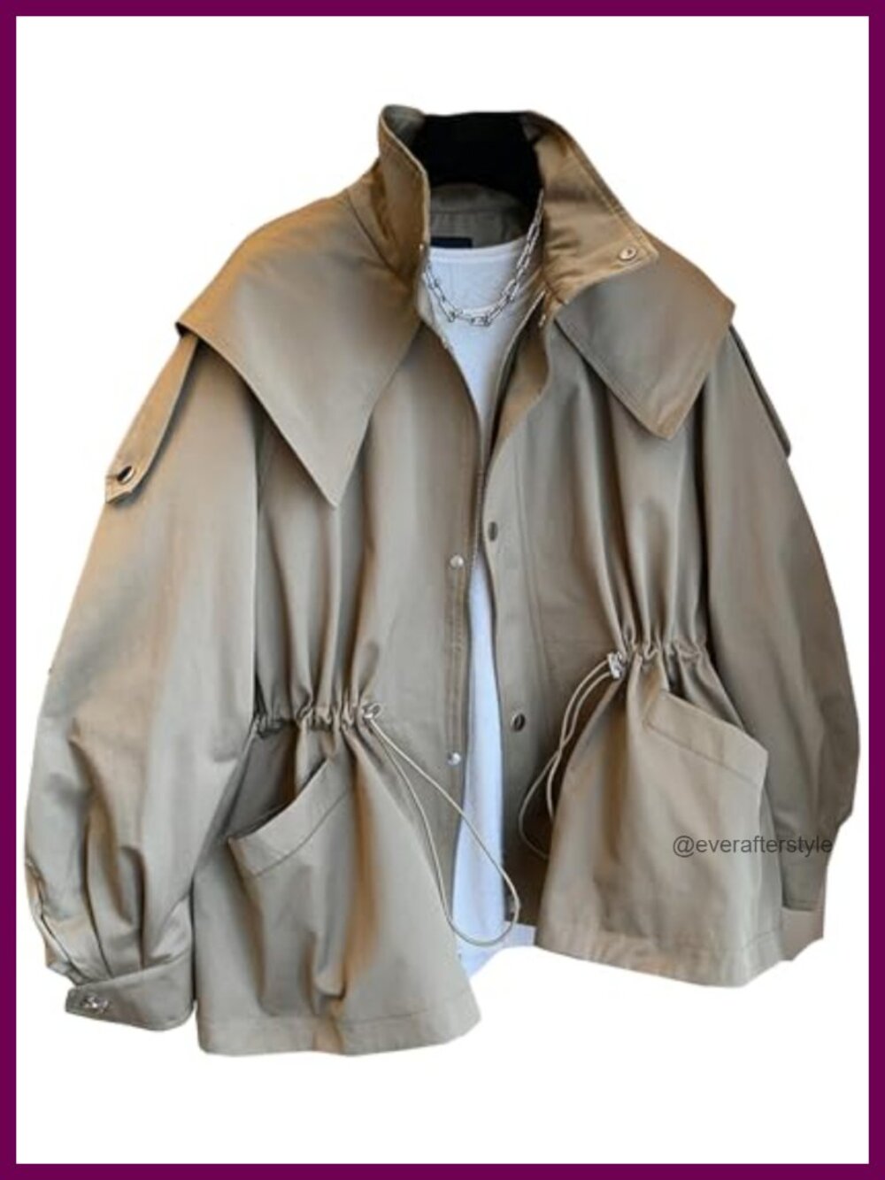 Women's Trench Coat Hooded Zip Up Snap Button Drawstring Waist